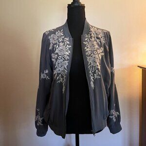 Johnny Was Silk Grey Bomber Jacket with Cream Floral Embroidery